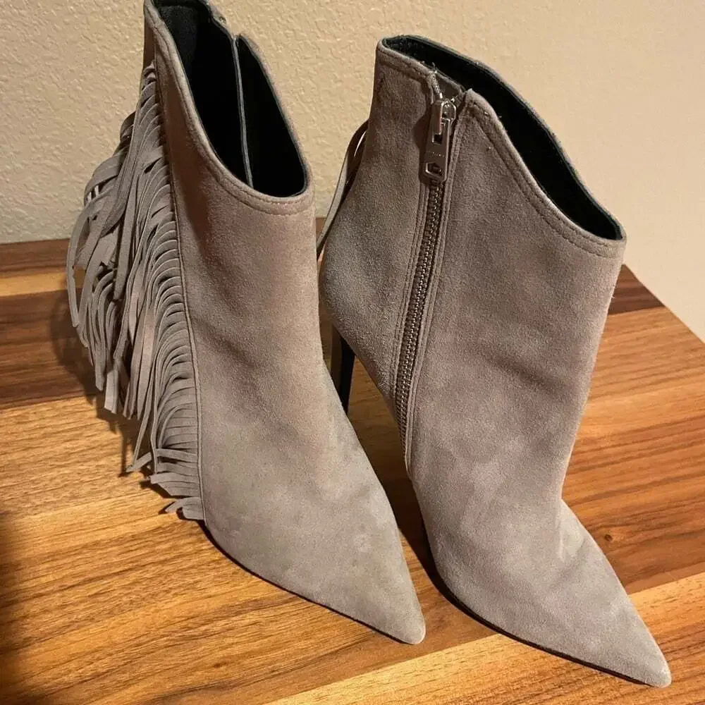All Saints Gray Fall Fringe Suede Ankle Booties Sz 7
